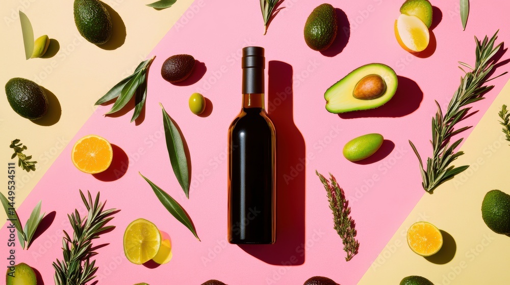 Dark Bottle with Avocados Olives Citrus and Herbs on Pink and Yellow Background