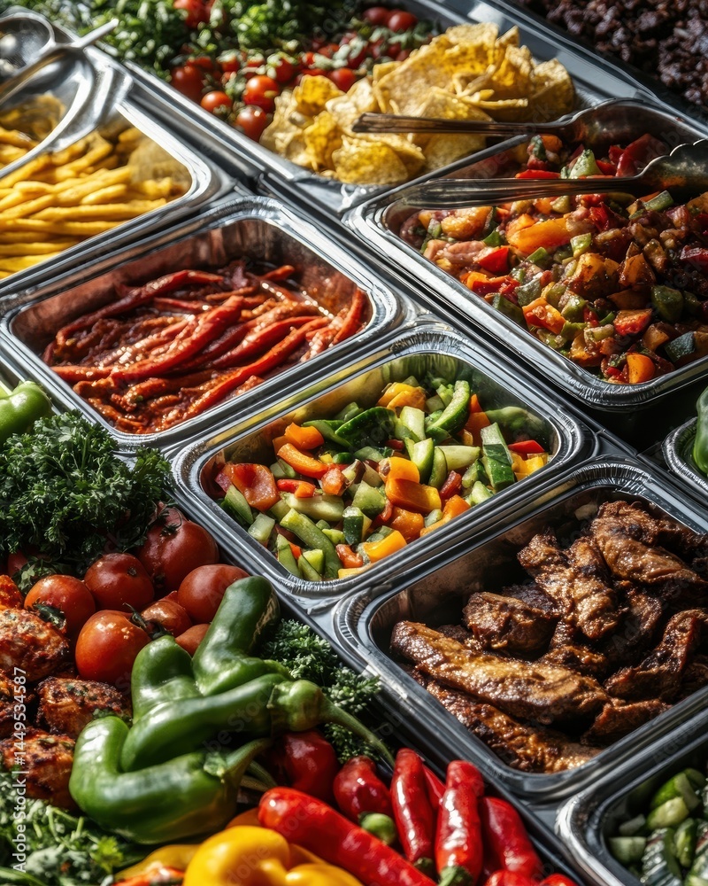 Delicious Buffet Display with Fresh Vegetables and Cooked Dishes in Stainless Steel Trays