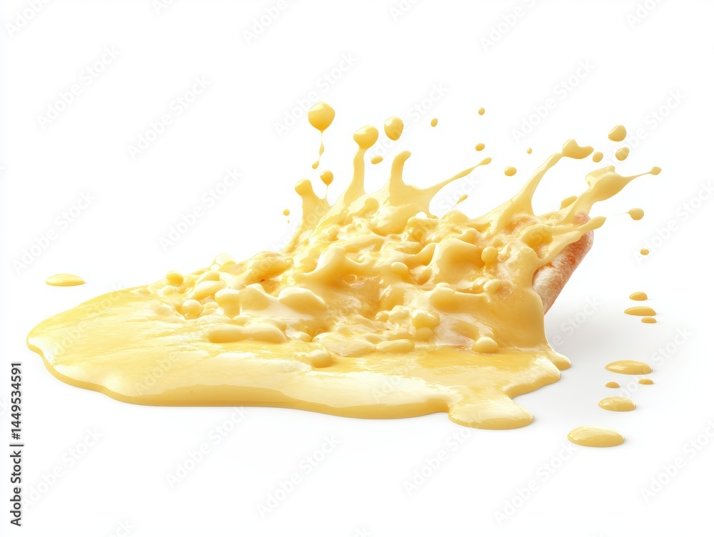 Delicious splash of yellow sauce on a food item against a pristine white backdrop in studio shot