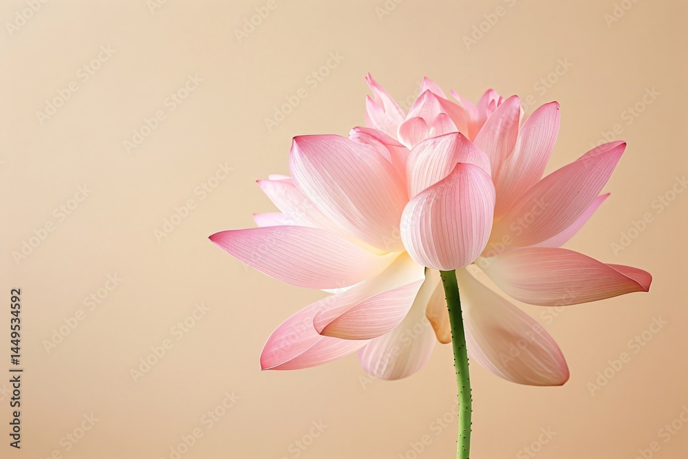 Obraz premium Pink lotus flower in bloom on beige background. Symbol of purity and enlightenment. Meditation aid for yoga practice. Greeting card for Buddhist Vesak Day, Hindu Diwali festival