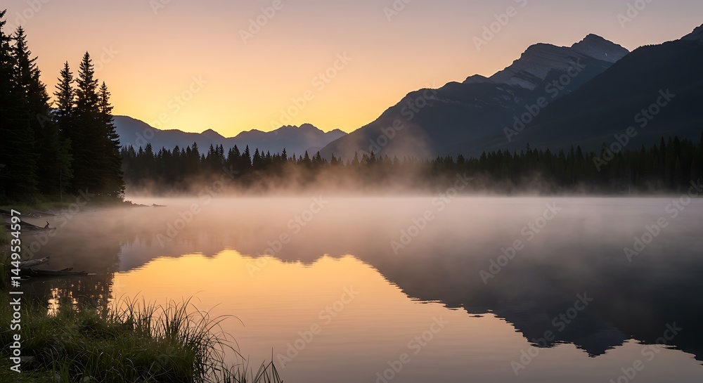 Obraz premium Lake at Sunrise with Fog and Mountain Reflecting in Water