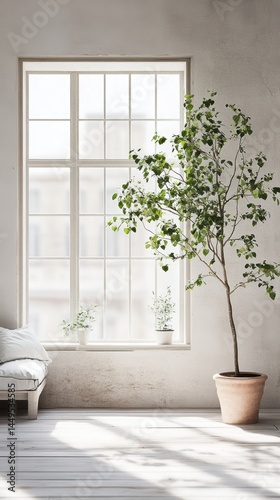 Bright Room with Large Window, Tree in Pot, and Natural Light on Wooden Floorboards Interior Design