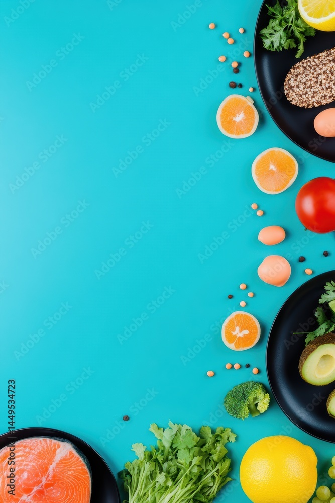 Healthy Food Composition on Turquoise Background for Nutrition and Wellness Concepts