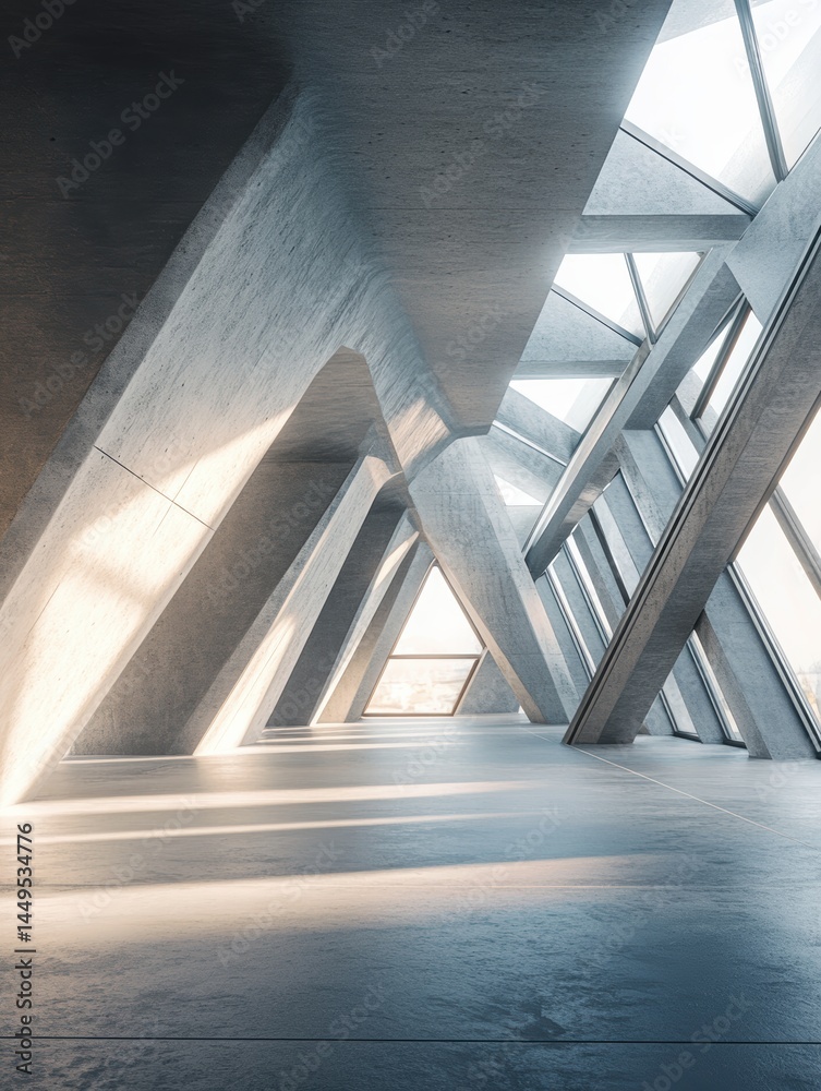 Modern architecture featuring concrete beams and triangle windows in a spacious hall