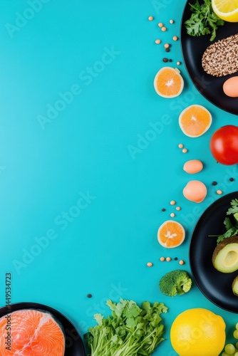 Obraz na płótnie Healthy Food Composition on Turquoise Background for Nutrition and Wellness Concepts w salonie
