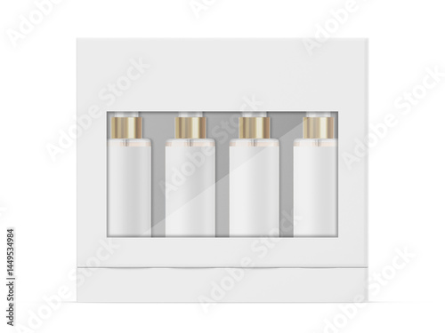 Spray bottle mockup white white plastic packaging container gift set box, ready for design presentation, 3d illustration.