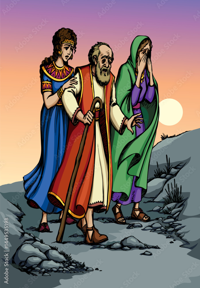 Fototapeta premium Vector drawing. Lot flee from Sodom