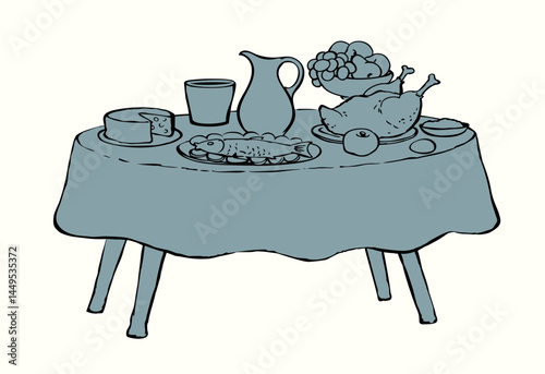 Vector drawing. Tasty feast food
