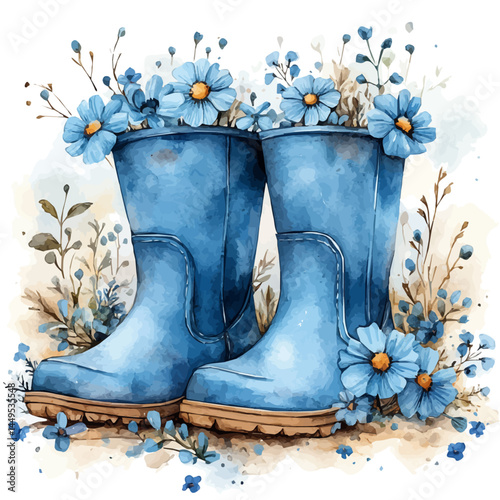watercolor of Pair Of Rain Boots Used As Flower Pots, vector, isolated on a white background.