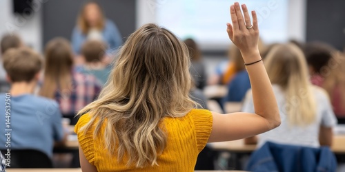 Student raising hand in classroom, asking question, lecture