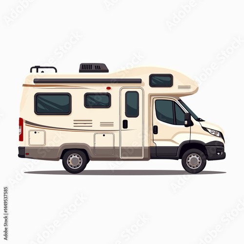 beige rv camper van with awning and storage
