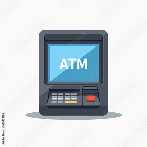 modern atm machine with blue screen and red keypad