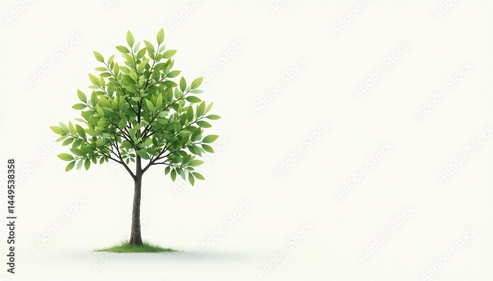 Fototapeta premium Lone sapling, delicate leaves, white backdrop, tree, twig, flora