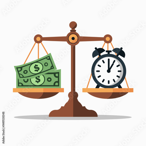 time management balance scale with money and clock