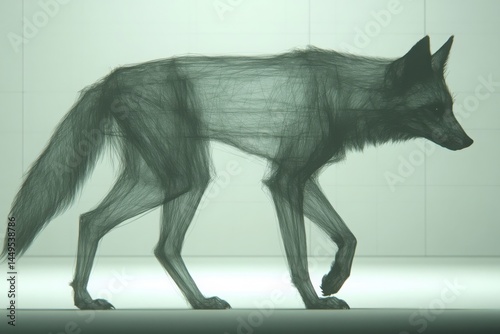 A wireframe sculpture of a wolf-like animal, displayed in a minimalist, well-lit gallery setting.
