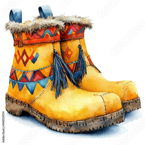 Pair Of Moccasin Slippers With Fringe, watercolor vector, isolated on a white background.