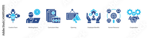Human Resource Management icon sheet vector creative team, working hours, curriculum vitae, opening, employee benefits, human resource, cooperation