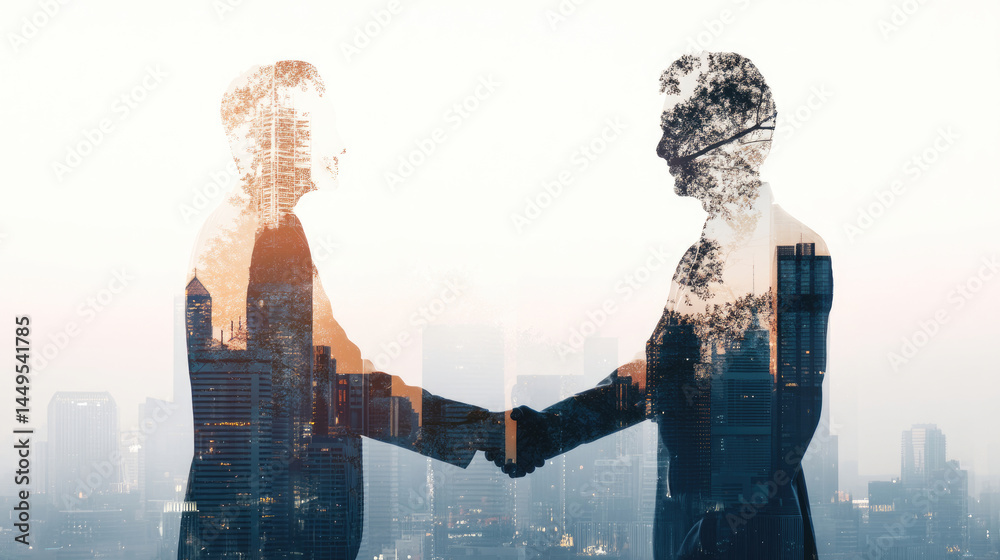 Two business people shaking hands, overlaid with cityscapes and trees, symbolizing a successful partnership and urban development