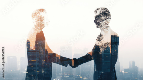 Obraz na płótnie Two business people shaking hands, overlaid with cityscapes and trees, symbolizing a successful partnership and urban development w salonie