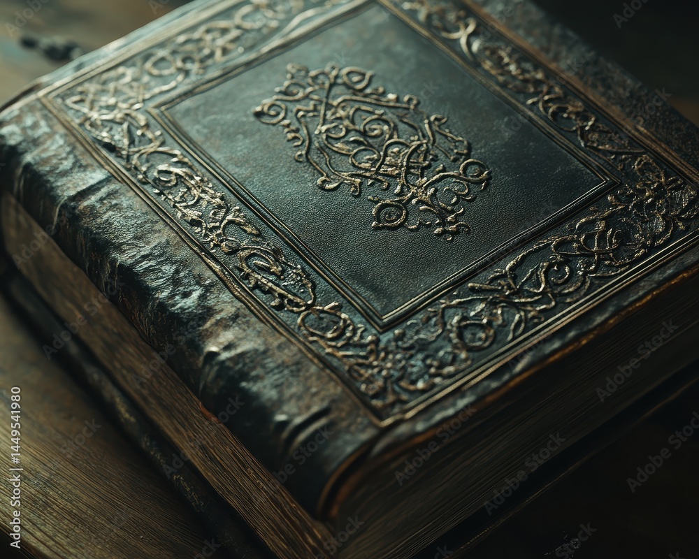 Fototapeta premium Ornate, antique leather-bound book, detailed close-up view.