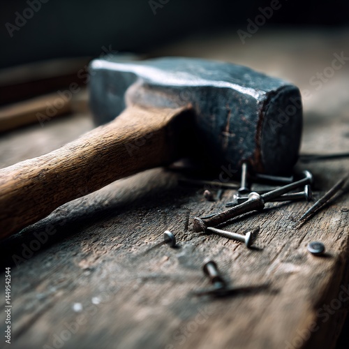 Hammer and nails on a weathered wooden surface symbolizing craftsmanship and industry