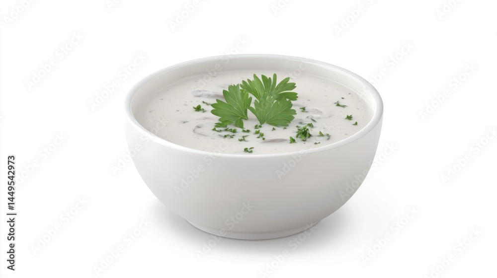Creamy mushroom soup bowl, studio shot, garnish Creamy mushroom soup bowl, studio shot, garnish