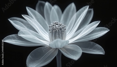 X-ray style of lotus flower on black background. Delicate petals, detailed core, transparent texture. Floral elegance with moody aesthetic. Focus on nature beauty, botanical art with high contrast,