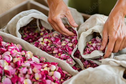 Close-up of hands filling cloth bags with rose petals. Captures rose harvest process during traditional Rose Festival. Perfect for cultural, eco, and editorial visuals