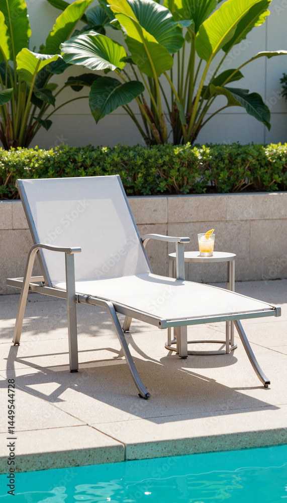 Fototapeta premium Modern sunbed beside shimmering pool, relaxation and leisure
