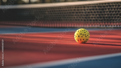 Yellow Pickleball Ball on Red Court at Sunset