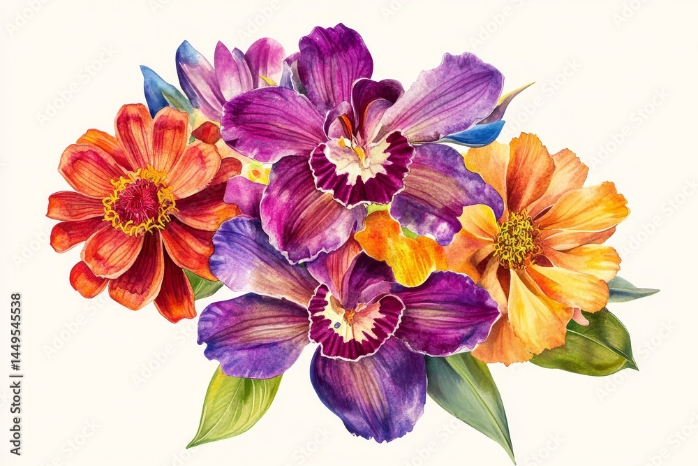 Obraz premium Vibrant floral arrangement of orchids and zinnias.