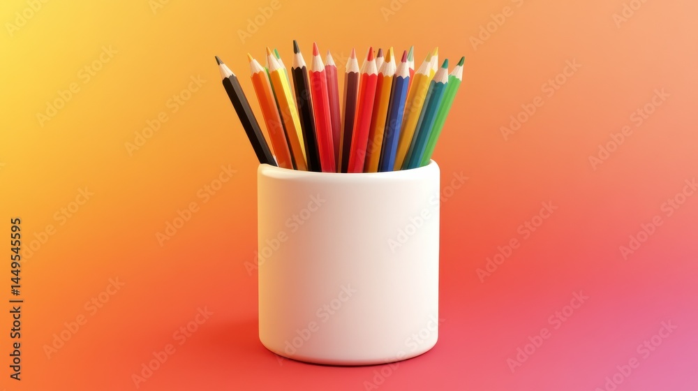 Fototapeta premium A colorful background with a holder containing pencils provides a copy space image