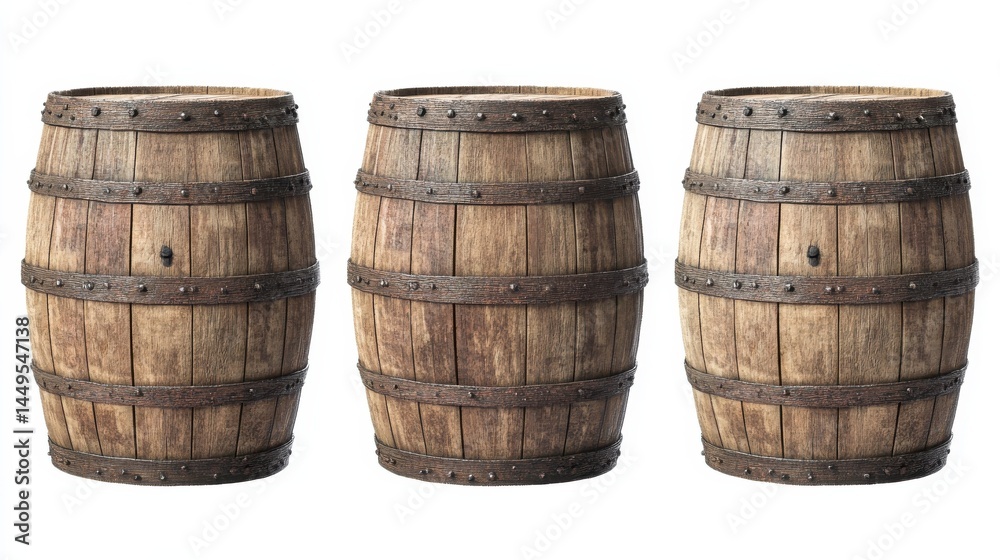 Fototapeta premium set of wooden oak barrels isolated on white background, PNG.