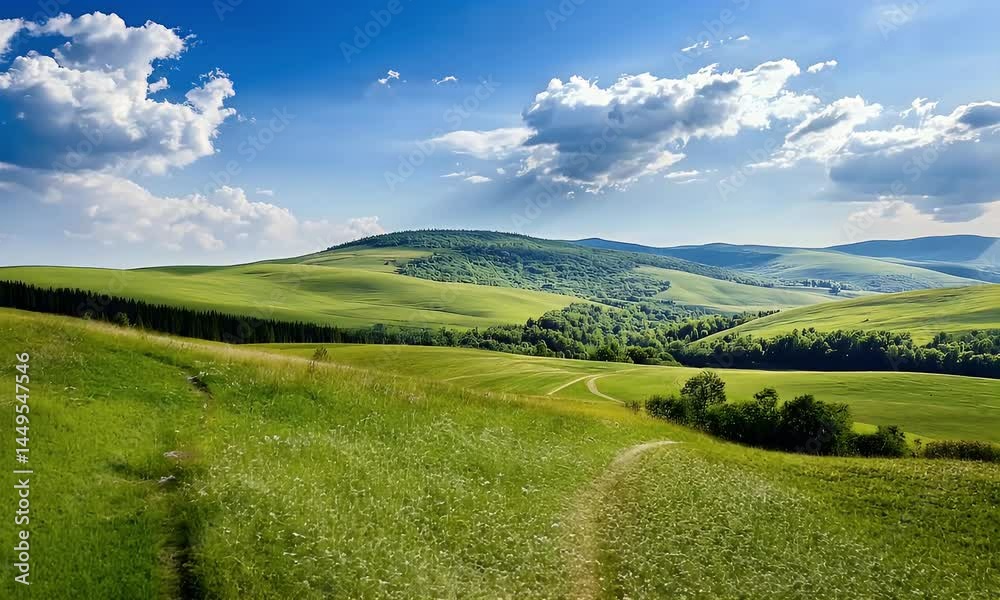 Rolling green hills on a sunny day with dramatic clouds casting shadows over a peaceful meadow landscape. Rolling green hills on a sunny day with dramatic clouds casting shadows over a peaceful meadow landscape.