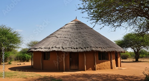 Round Hut with Thatched Roof in an African Landscape