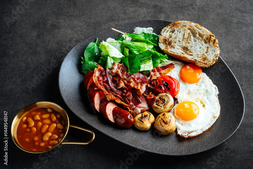 Full English Breakfast with Eggs, Bacon, and Sausage