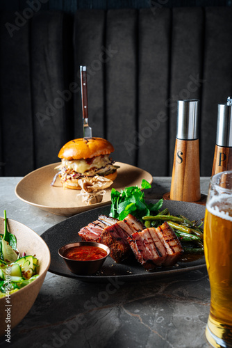 Grilled Pork Belly with Green Beans and Pulled Pork Burger