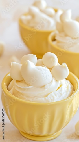 Whipped Cream Dessert with White Chocolate Candies in a Yellow Bowl