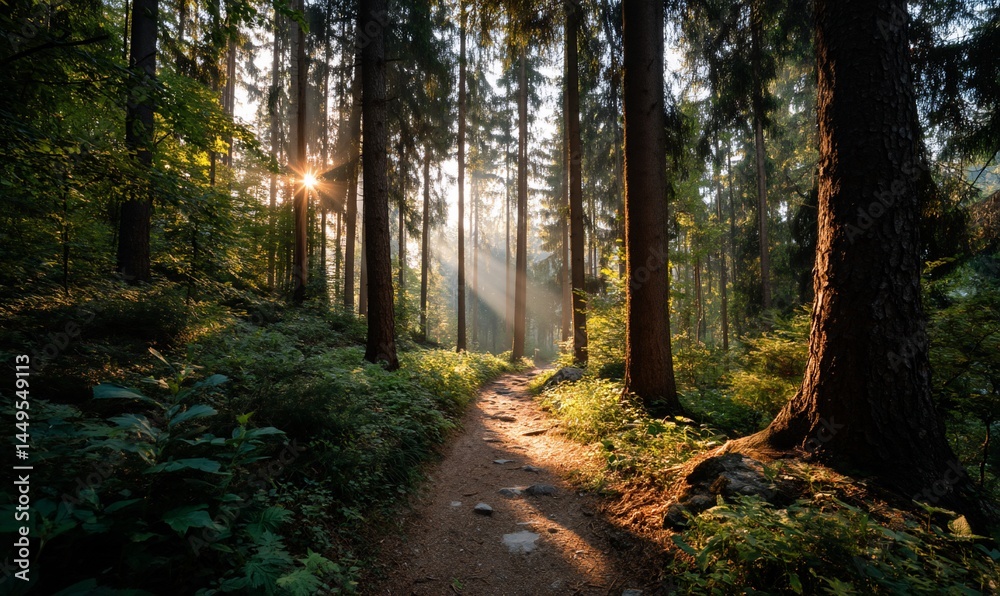 Fototapeta premium Sunlight path through a misty forest, tranquil morning, nature walk, serene woodland, scenic trail