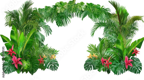 Tropical Greenery and Lush Plants Framing a Natural Archway in a Vibrant Garden Setting