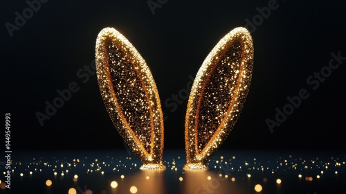 Golden Glitter Bunny Ears on Black Background