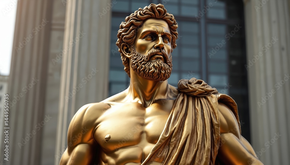 Obraz premium Golden statue of greek or roman god. Ancient sculpture in gold color, historical landmark. Bust with beard on background of columns and sky, symbol of strength, history, culture.