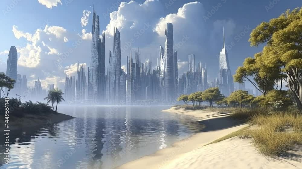 Futuristic metropolis skyline reflected in serene waters under a cloudy sky view