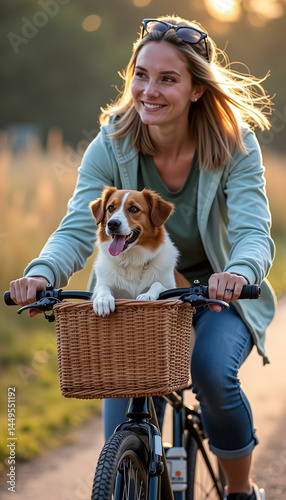 Young woman cycling with dog in front basket