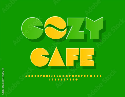 Vector Cute signboard Cozy Cafe with Decorative Emblem. Yellow Geometric Font. Modern Sticker Alphabet Letters and Numbers.