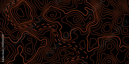 Abstract Orange and black background topography map Topographic map patterns, topography line map. Vintage outdoors style. Topographic Map Seamless Pattern. Abstract pattern with circle.