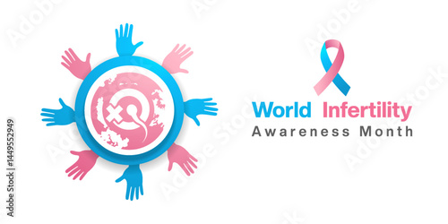 June Is World Infertility Awareness Month. Earth, sperm, hand and ribbon. Suitable for posters, banners, social media and more. White background.