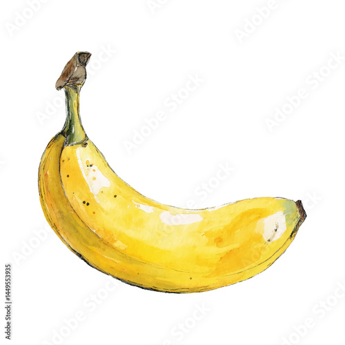 Watercolour illustration of a ripe yellow banana with realistic texture and shadow, isolated with transparent background