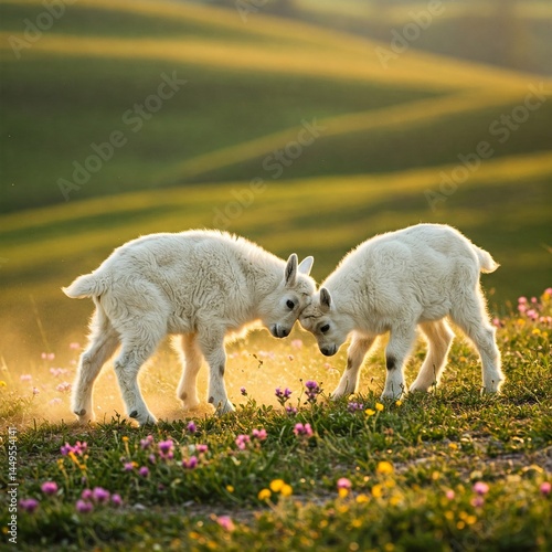 Two baby goats playfully butting heads on a grassy hillside