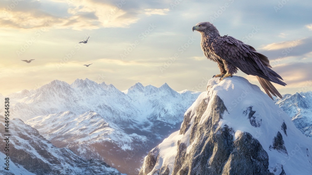 Fototapeta premium Eagle perched atop snowy mountain peak at sunset